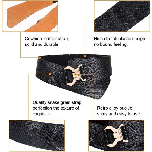 Women\'s Wide Elastic Stretch Waist Belt Adjustable Dress Belt Matte Black Gold main image 6